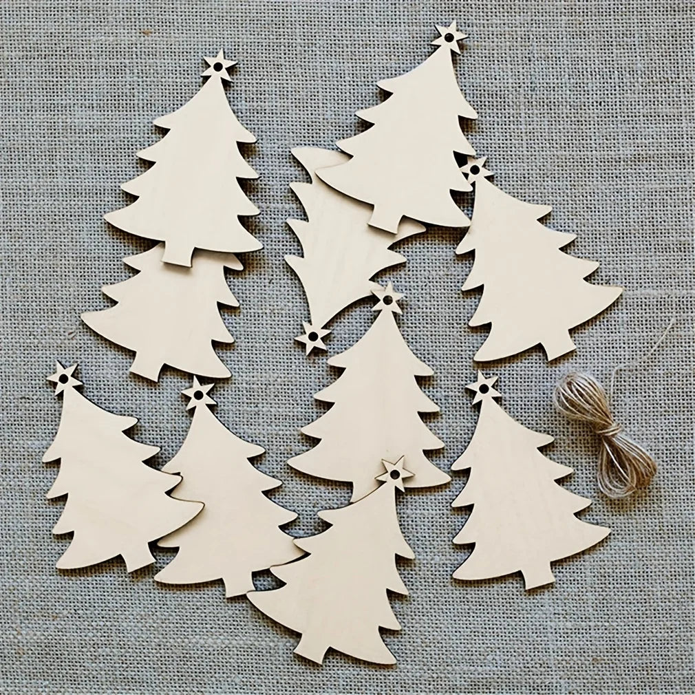 10Pcs Christmas Tree Shape Wooden Crafts Hanging Ornaments Unfinished Christmas Tree Pendant Decoration Wood Slices for Craft