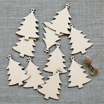 10Pcs Christmas Tree Shape Wooden Crafts Hanging Ornaments Unfinished Christmas Tree Pendant Decoration Wood Slices for Craft