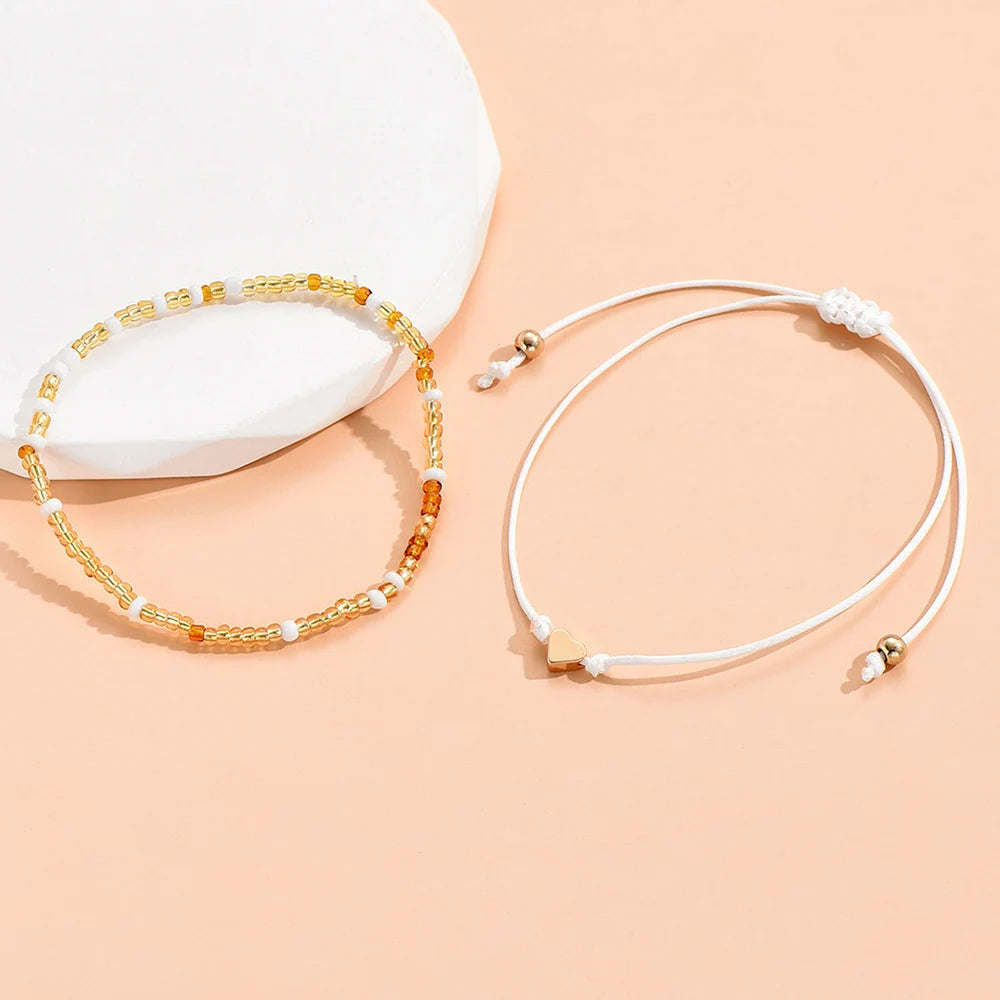 Boho Anklet Foot Colorful Beads Chain Summer Bracelet Heart Pendant Charm Anklet Sandals Barefoot Beach Foot Bridal Jewelry J
