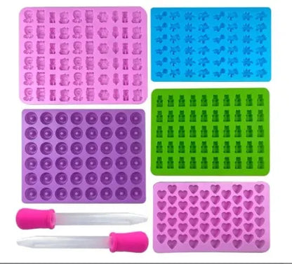 Gummy Bear Molds Silicone Mini Chocolate Candy Mold for Kid with 2 Droppers Including Dinosaur Bear Hearts Donut Shape - 7pcs