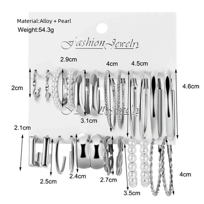 24 Pcs Vintage Silver Color Y2K Pearl Earrings for Women Geometry Round Circle Square Hoop Earring Set Fashion Female Jewelry