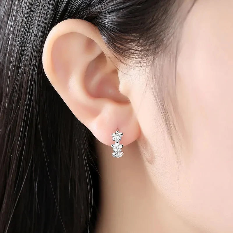 925 Sterling Silver Needle Earrings for Women's Wedding Fashion Jewelry Crystal Zircon Flower Cute Stud