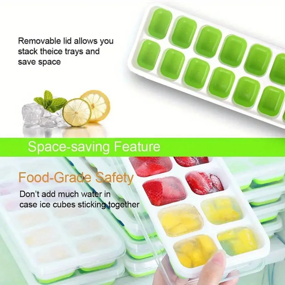 14-Grid Ice Cube Trays Silicone Ice Mold with Removable Lid DIY Homemade Popsicle Mould for Cocktail Freezer Kitchen Bar Tool