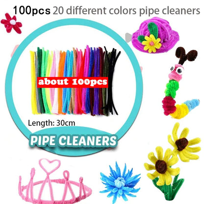 1000pcs Kids Crafts Art Supplies Kit Pipe Cleaners Pompoms Foam Stickers Feather Felt Cloth Button DIY Creative Craft Toy Gif