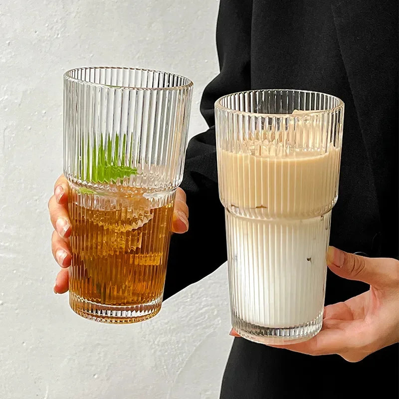 600ML Stripe Glass Coffee Cup with Lid and Straw Transparent Drinking Glasses for Juice Milk Tea Cups Iced Coffee Mugs Drinkw
