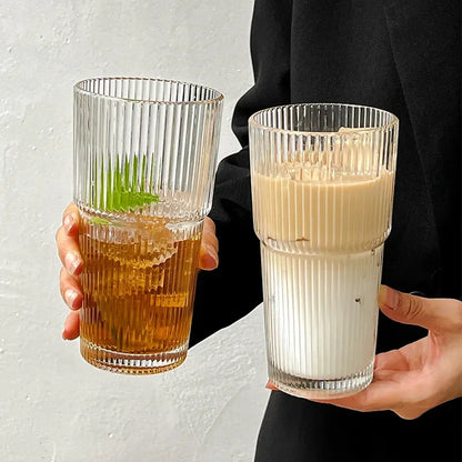 600ML Stripe Glass Coffee Cup with Lid and Straw Transparent Drinking Glasses for Juice Milk Tea Cups Iced Coffee Mugs Drinkw