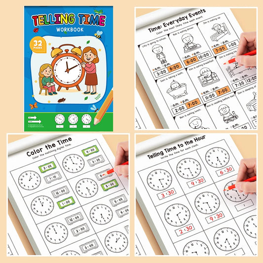 Children's Time Concept Practice Workbook, Suitable for Home School and Kindergarten Activities, Includes Reading and Math Pr