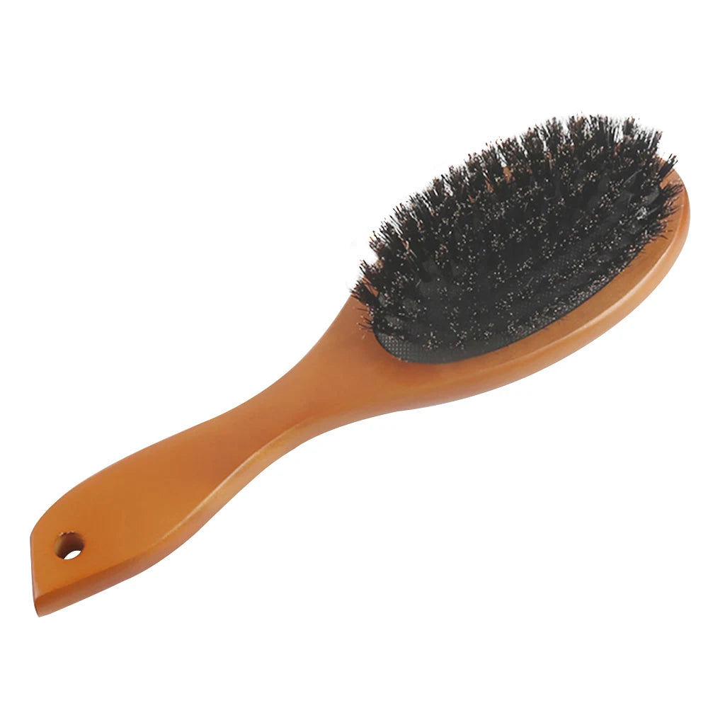 Natural Boar Bristle Brush Comb Anti-Static Oval Hairdressing Hair Styly Comb Wood Woman Hairbrush - Brown with Hole