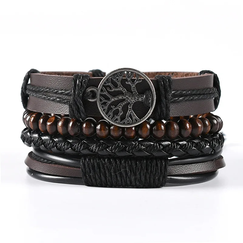 4Pcs/ Set Braided Wrap Leather Bracelets for Men Vintage Life Tree Rudder Charm Wood Beads Ethnic Tribal Wristband Rope Brace