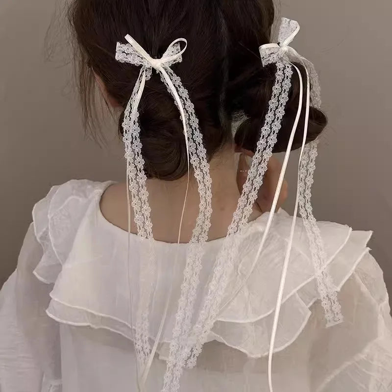 2Pcs White Sweet Lace Long Bow Hair Clip Women Girls Ribbon Tassel Bowknot Hair Pins Braid Barrettes Trend Hollow Out Headwea