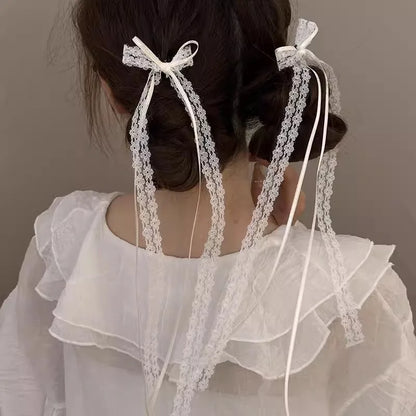 2Pcs White Sweet Lace Long Bow Hair Clip Women Girls Ribbon Tassel Bowknot Hair Pins Braid Barrettes Trend Hollow Out Headwea