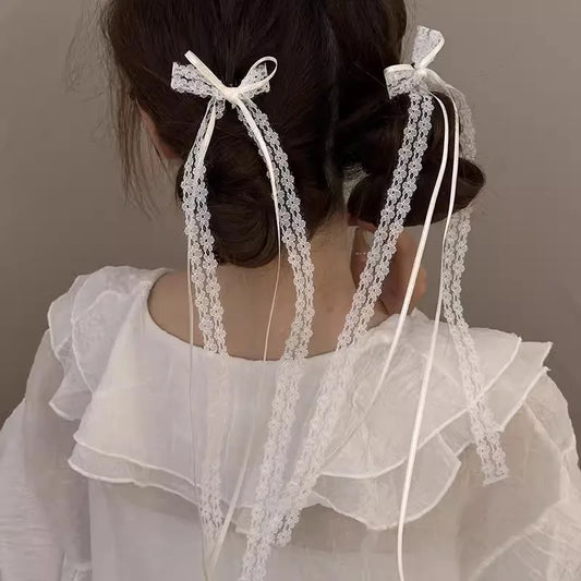 2Pcs White Sweet Lace Long Bow Hair Clip Women Girls Ribbon Tassel Bowknot Hair Pins Braid Barrettes Trend Hollow Out Headwea