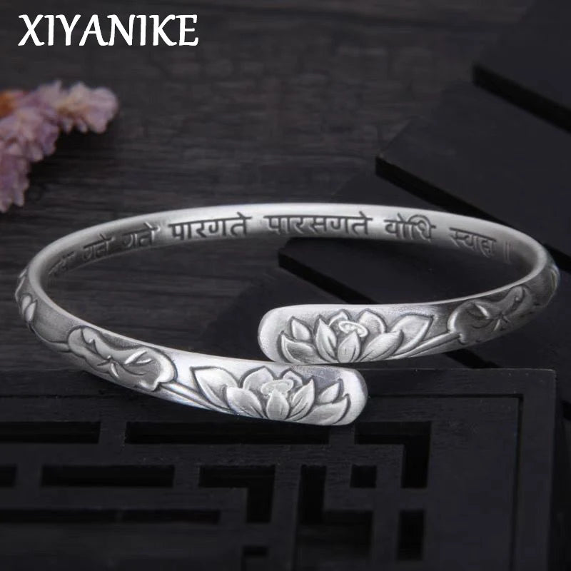 XIYANIKE Vintage Thai Silver Lotus Flower Cuff Bracelet For Women Girl Ethnic Fashion New Jewelry Party Lady Gift Pulseras Mu