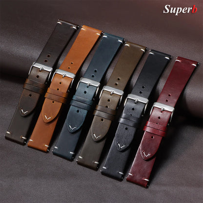 18mm 20mm 22mm Vintage Oil Wax Leather Watchband 19mm 21mm 24mm Universal Stitching Cowhide Strap for Seiko for Omega Watch B