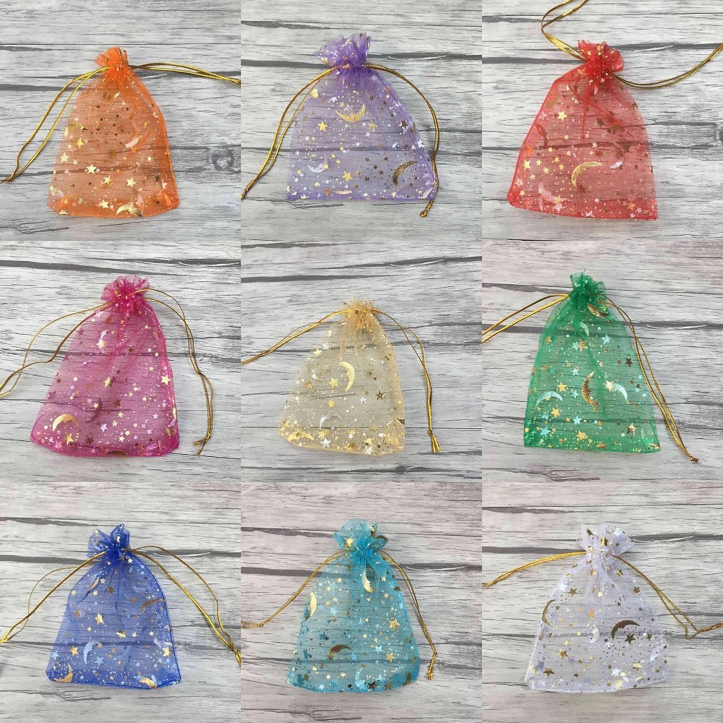 50PCS Moon Stars Drawstring Organza Bags Jewelry Gift Bags Pouches Gold Star Organza Favor Pouches for Christmas Wedding