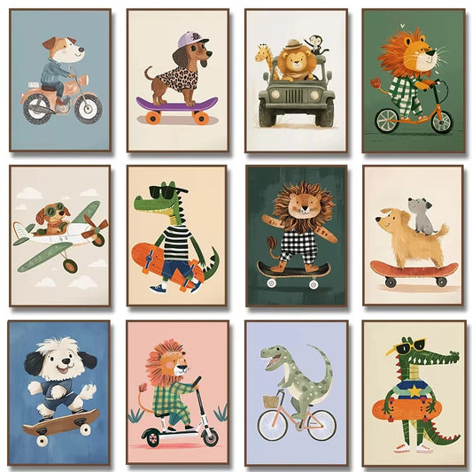 Minimalist Cute Skateboard Animal Wall Art Dog, Lion, Crocodile, Tiger, Bear, and Car Canvas Print Home Decor for Kids' Rooms