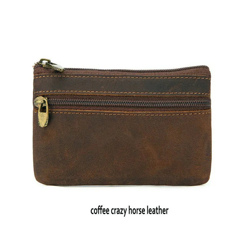 Retro Genuine Leather Coin Purse with Keychain for Men & Women Cowhide Zipper Coin Wallet Vintage Key Holder - FM crazyhorsec