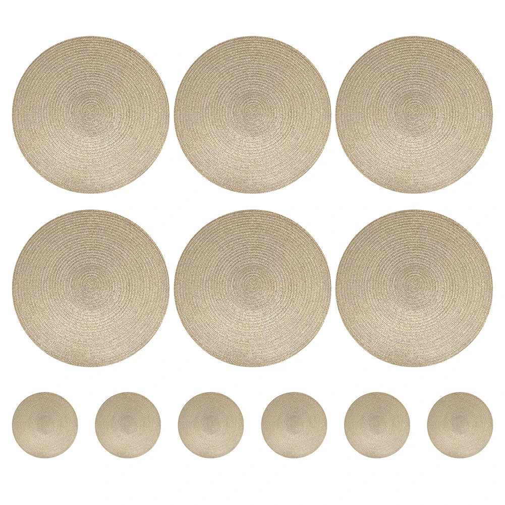 Round Braided Placemats Set of 6 Washable PP/PET Heat Resistant 34cm Table Place Mat for Kitchen Xmas Dining Table Party Deco