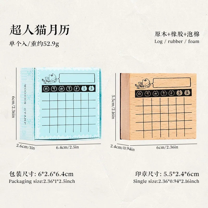 Cute Cat Daily Monthly Calendar Wood Stamp Journaling To Do List Memo Clock in Stamps for Scrapbooking Hobby DIY Craft Suppli