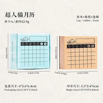 Cute Cat Daily Monthly Calendar Wood Stamp Journaling To Do List Memo Clock in Stamps for Scrapbooking Hobby DIY Craft Suppli