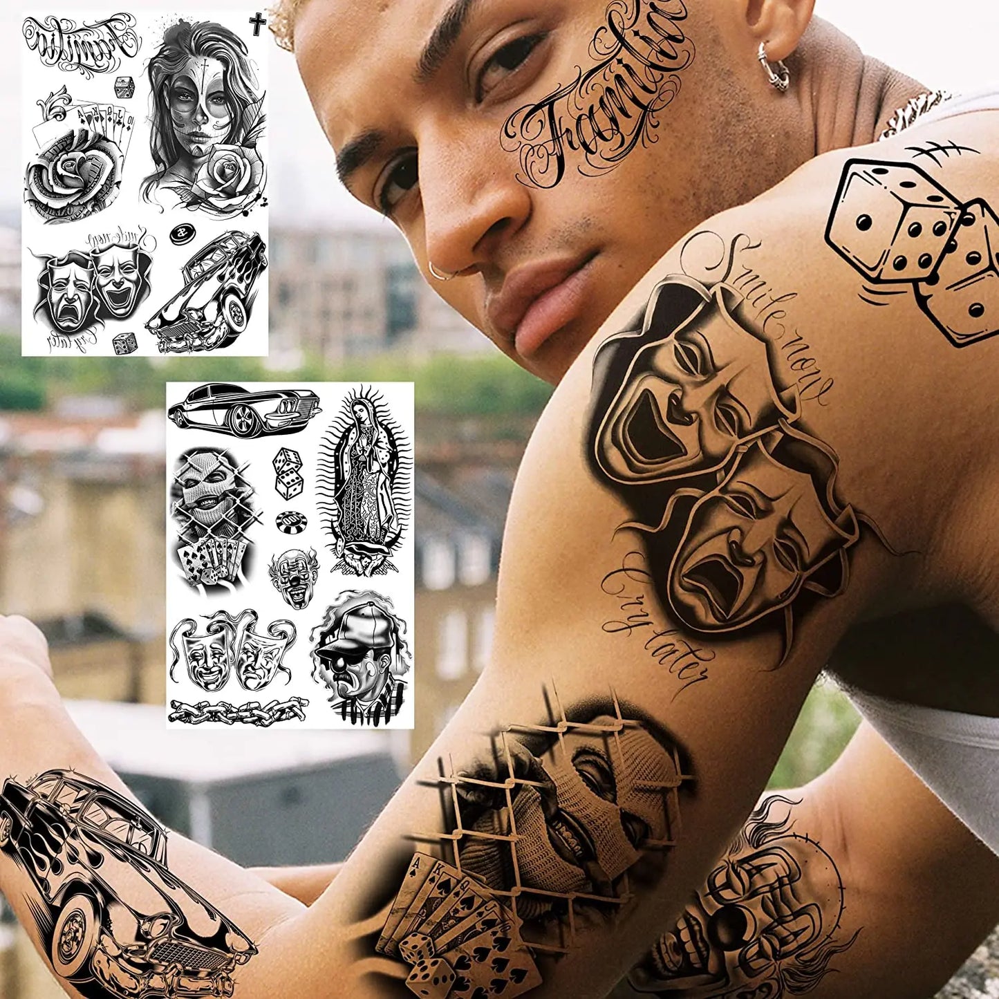 6 Sheets Chicano Temporary Tattoos For Men Women Adult, Chicana Guadalupe Gangster Fake Tattoos Halloween Day of the Dead Mex