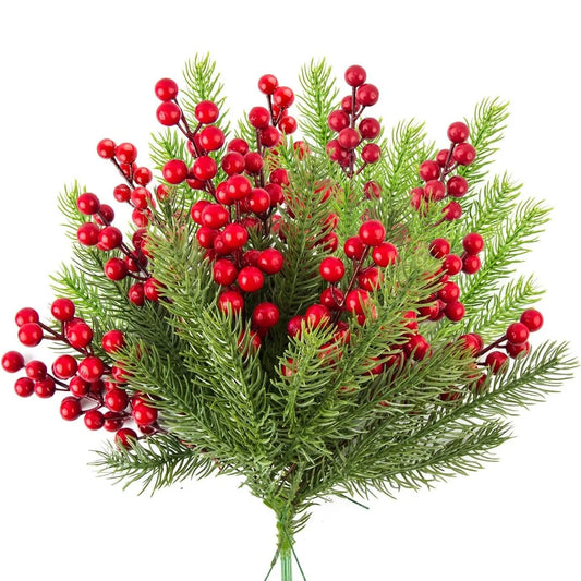 10Pcs Christmas Decoration Artificial Pine Branches Holly Berries Red Berry Branches for Christmas Tree Wreath Gifts Decorati