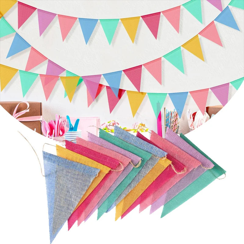 Multicolor Triangles Flags Burlap Linen Banner Pennant for Happy Birthday Party Wedding Decoration Candy Bar Hanging Flags