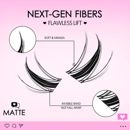QIUNING Manga Lash Clusters Kit Cat Lashes with Lash Bond & Seal Cluster Eyelash Extensions Mixed Tray Eyelash Clusters Kit