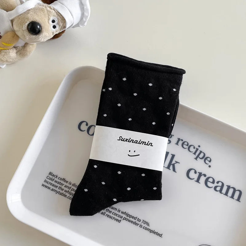 Women's spring summer thin vintage cream curled-edge women's socks polka dot mid-tube socks artistic socks women - 1
