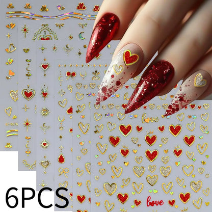 8pc 3D Mixed Color Heart Nail Stickers Valentines' Day Sweet Red Pink Love Selfadhesive Nail Decoration Decals Manicure Suppl