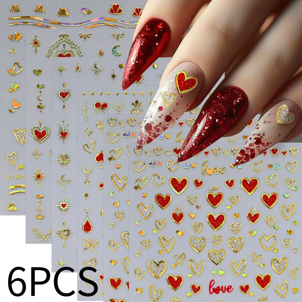 8pc 3D Mixed Color Heart Nail Stickers Valentines' Day Sweet Red Pink Love Selfadhesive Nail Decoration Decals Manicure Suppl