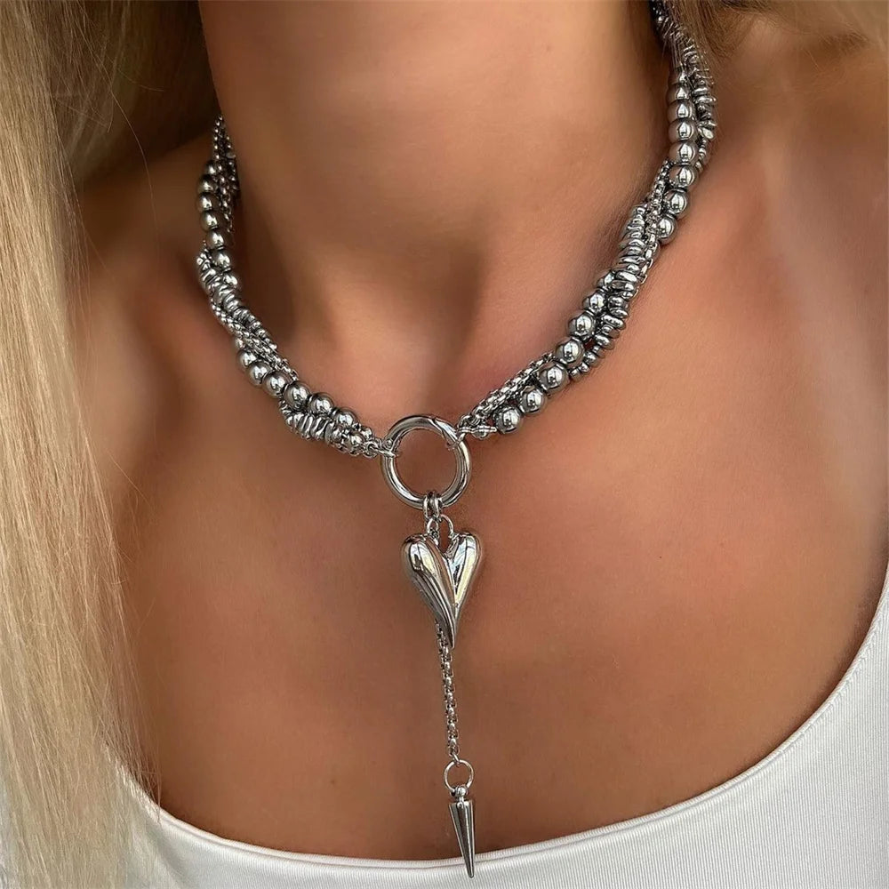 Fashion Vintage Silver Color Geometric Bead Chain Necklace For Women Female Boho Tassel Heart Pendant Jewelry