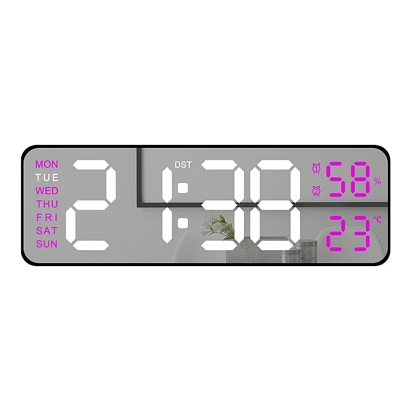 9 Inch Large Digital Wall Clock USB Powered TEMP Humidity Week Auto Dimmer DST Table Clock 12/24H Electronic LED Alarm Clock 