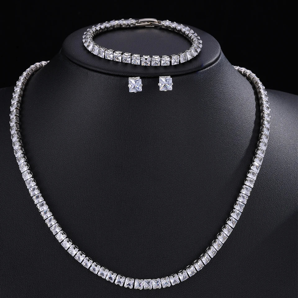 ZAKOL Gorgeous Buling AAA Clear Round Cubic Zirconia Wedding Bridal Necklace Earrings Party Jewelry Set for Women - Sliver Co