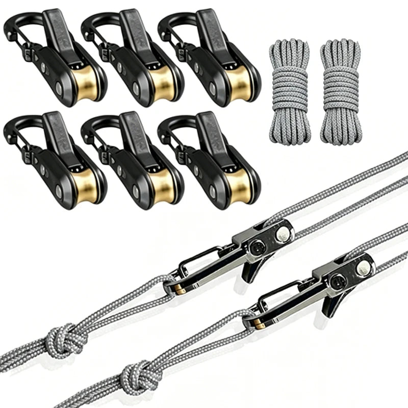 Rope fasteners and tensioners - High-strength retractable paracord with alloy carabiners and windproof binding straps