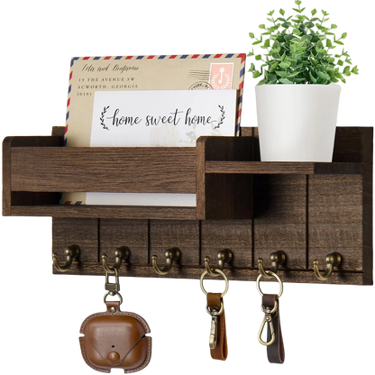 Decorative Key Rack and Mail Organizer with 6 Key Hooks Rustic Wood Key Holder Wall Mounted with Shelf for Living Room Enterw