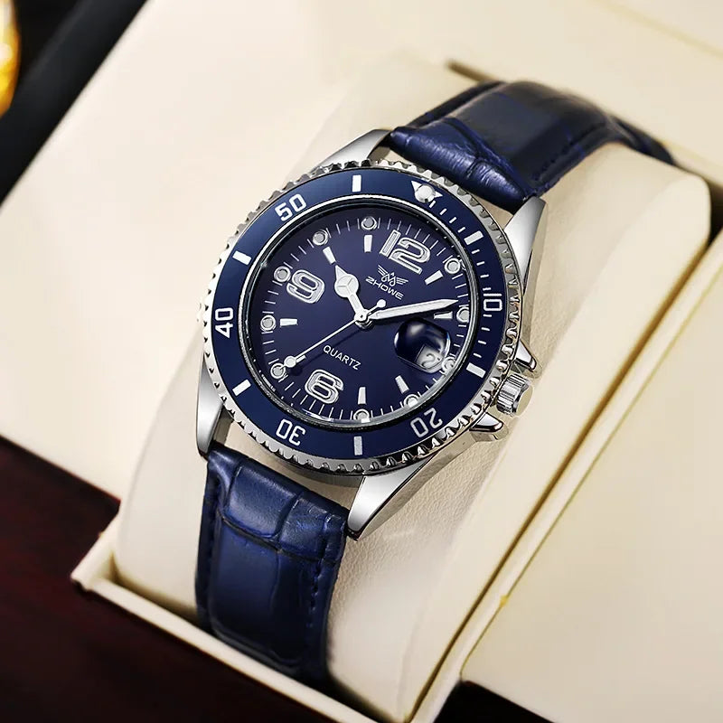 Fashion Calendar Men Business Watches Leather Strap Quartz Wristwatch for Male Clock Reloj Hombre (without box) - Blue No Box
