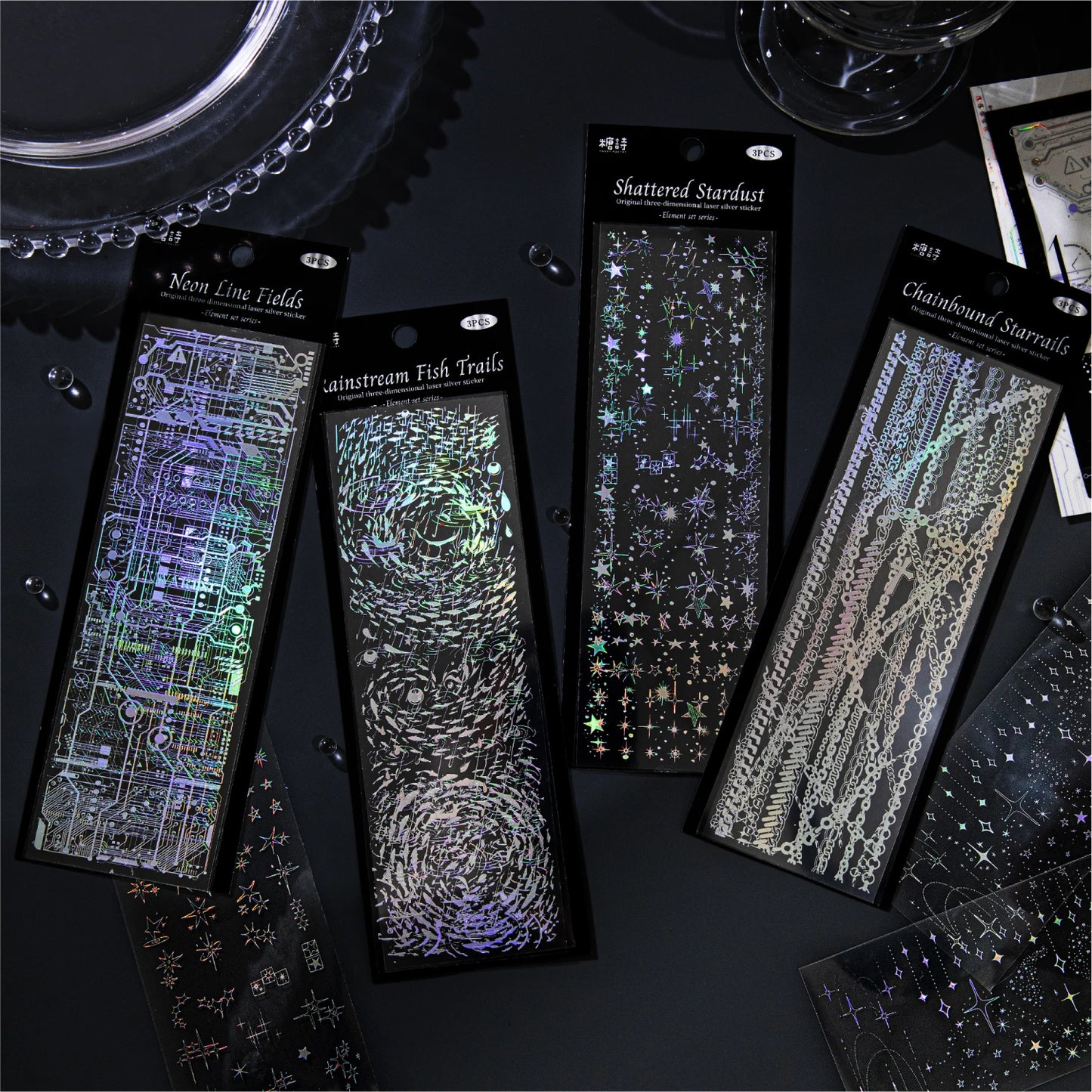 3 Sheets/Bag Star Theme 3D Holographic Laser Silver Stickers for Scrapbooking DIY Collage Phone Case Frame Decoration