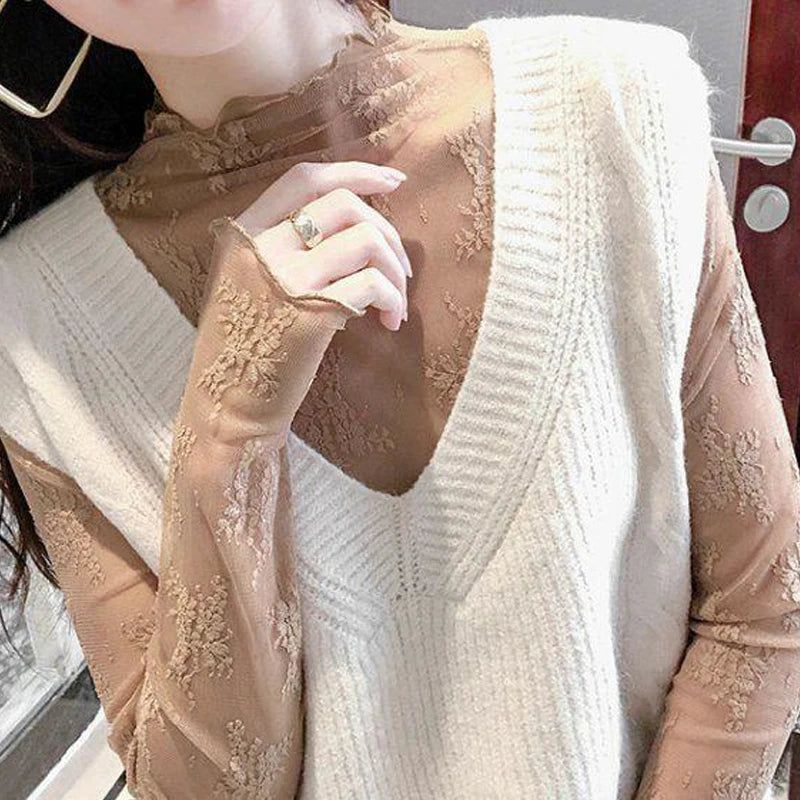 Sexy Women Mesh T-Shirts Transparent Lace Blouse Long Sleeve See Through Tops For Women Bottoming Shirt Sheer Tees Body Crop 