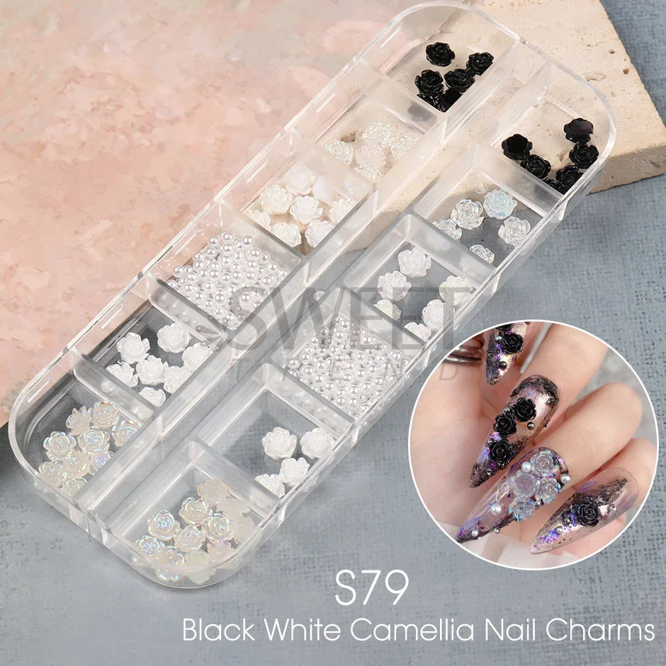 12 Grids Matte Camellia 3D Nail Art Decoration Charms Acrylic Flowers Decor Rose Valentine Punk Y2K Accessories Jewelry Parts