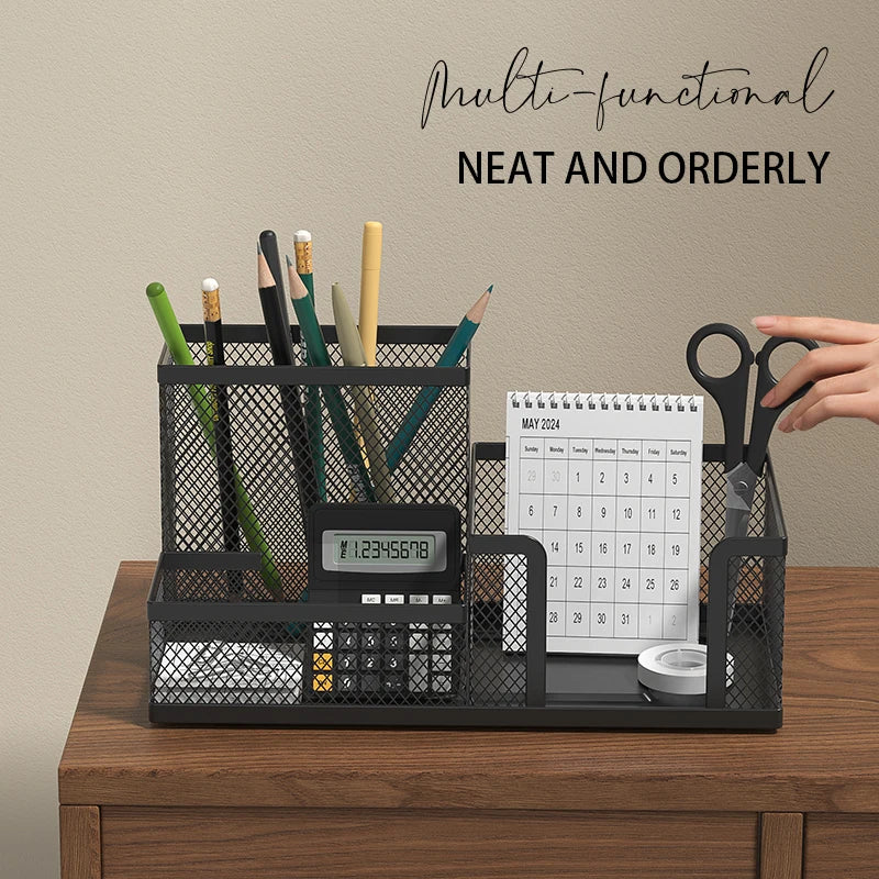 Mesh Desk Organizer Office Supplies Caddy with Pencil Holder and Storage Baskets for Desktop Accessories, 3 Compartments, Bla