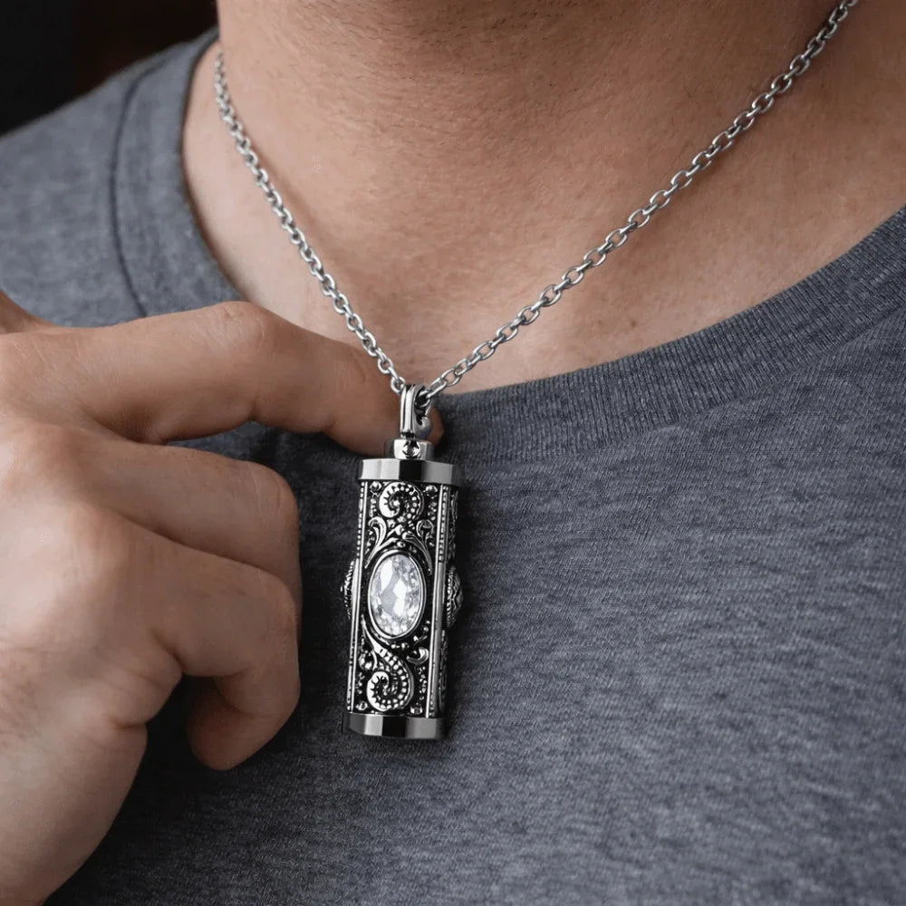 For Men Crystal Cremation Urn Necklace Cylinder Waterproof Ashes Pendant Retro Style Keepsake Memorial Jewelry Human Ashes