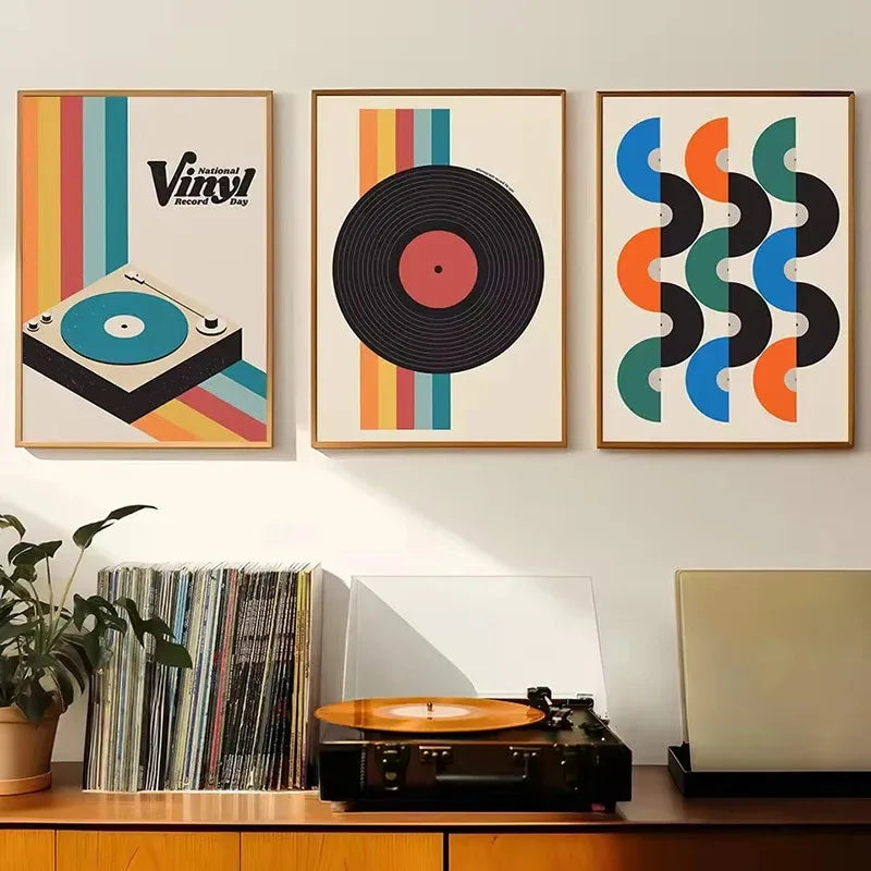 Retro Vinyl Record Print Mid Century Music Minimal Pastel Poster Colorful Wall Art Trendy Minimalist Turntable Home Room Deco