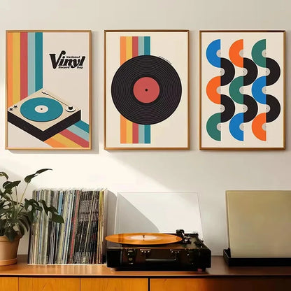 Retro Vinyl Record Print Mid Century Music Minimal Pastel Poster Colorful Wall Art Trendy Minimalist Turntable Home Room Deco