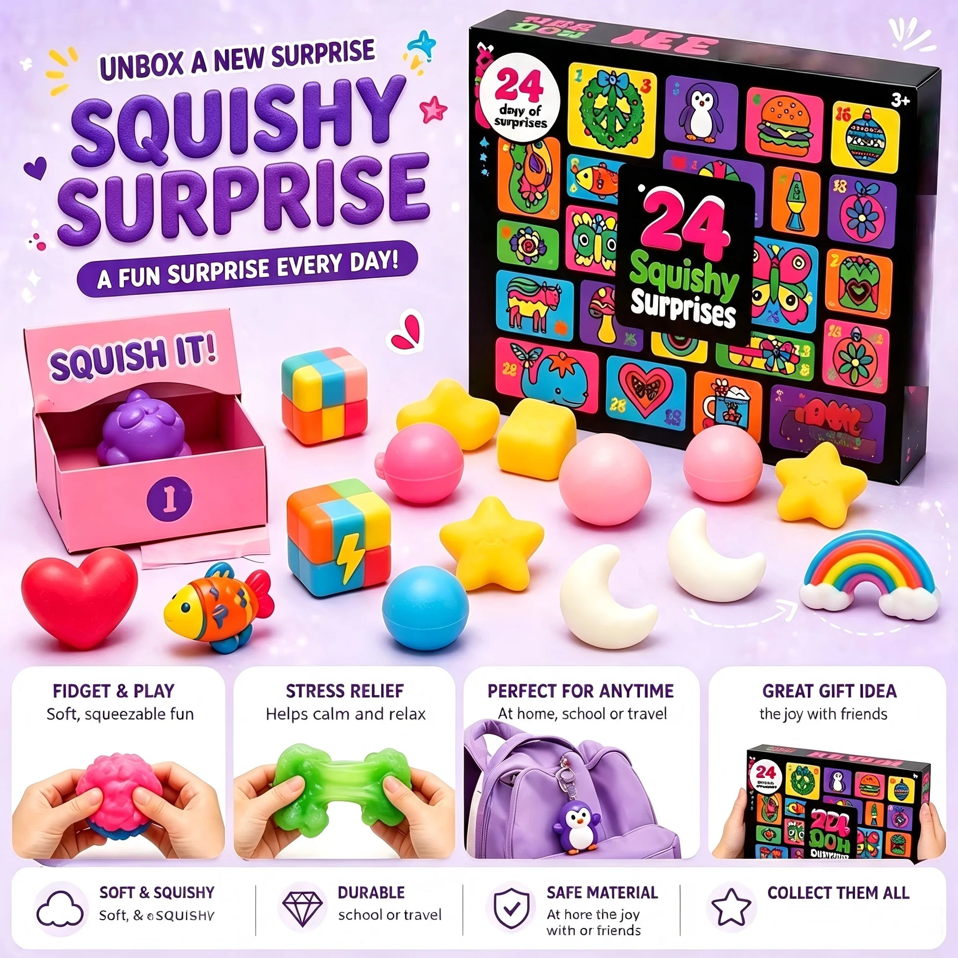 Christmas Easter Advent Calendar 24 Pcs Unique Cute Squishy Fidget Toy Slow Rebound Anxiety Relief Mystery Surprise Gift Box