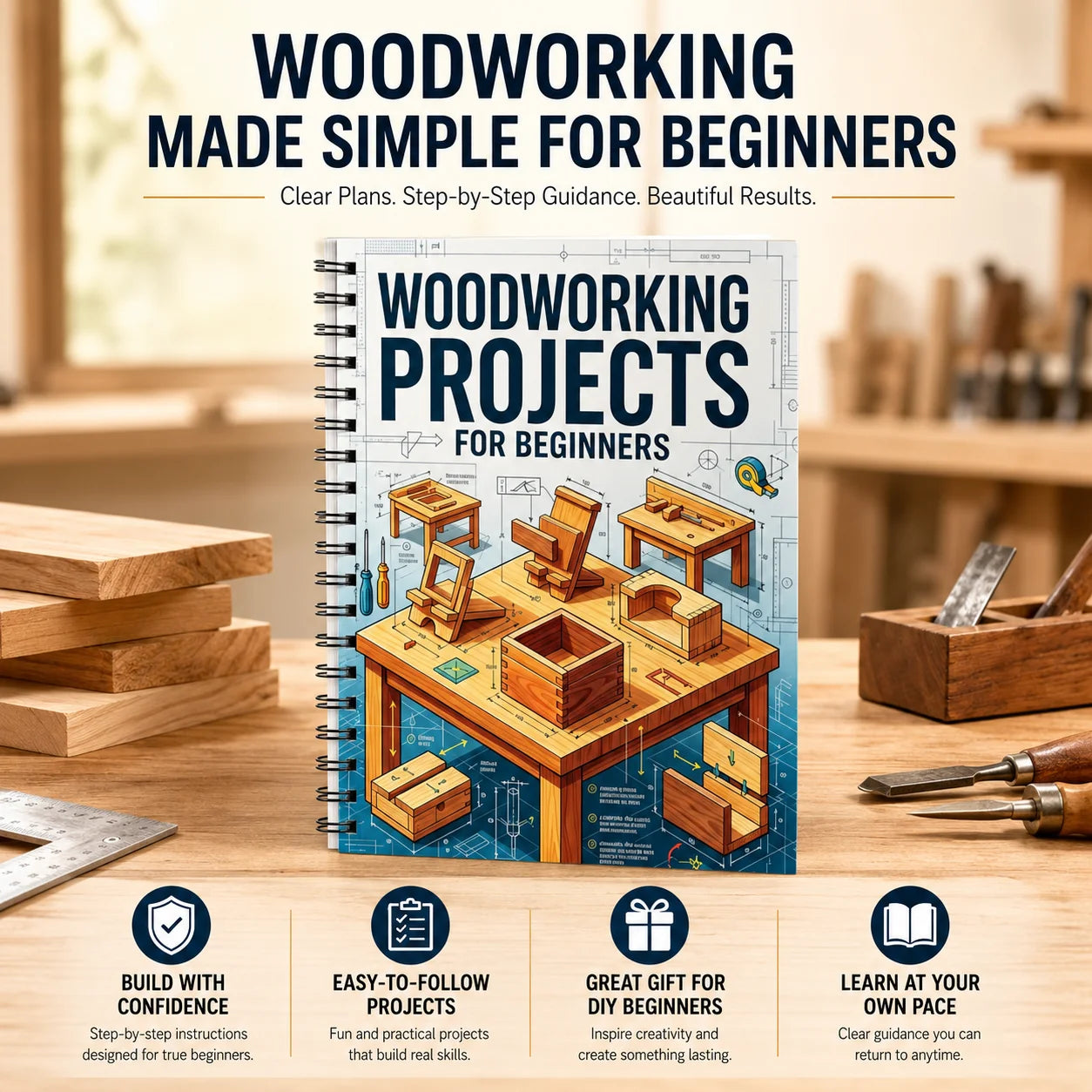 Beginner Woodworking Guide DIY Project Book Step by Step Wood Craft Manual for Adults Home Workshop Learning
