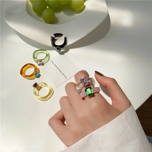 Fashion Luxury Irregular Geometric Transparent Colorful Crystal Rhinestone Zircon Round Ring For Women Shiny Jewelry Accessor