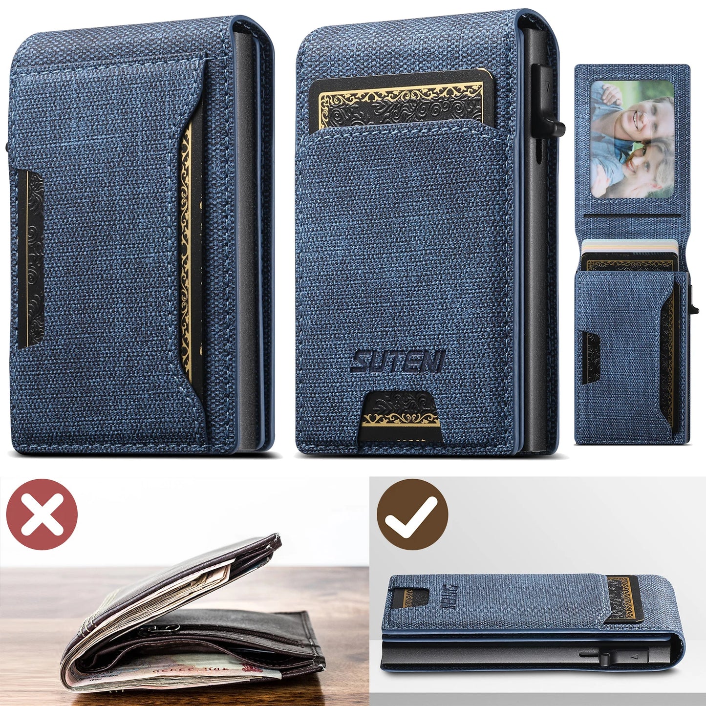 Push-out Card Faux Leather Card Holder Wallet Holder Large Capacity Can Hold 1-12 Cards 1 Photo Black/Brown/Blue