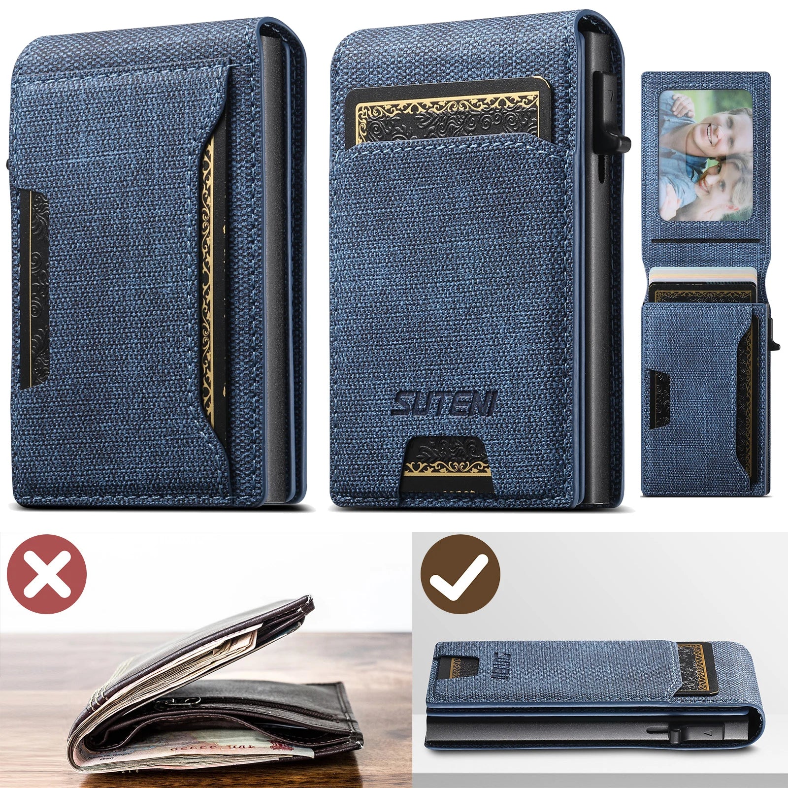 Push-out Card Faux Leather Card Holder Wallet Holder Large Capacity Can Hold 1-12 Cards 1 Photo Black/Brown/Blue