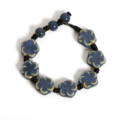 Handmade Ceramic Flower Bracelet 16–18cm Adjustable Cord Jewelry with Pink or Purple Glazed Beads for DIY Boho Style S02-057